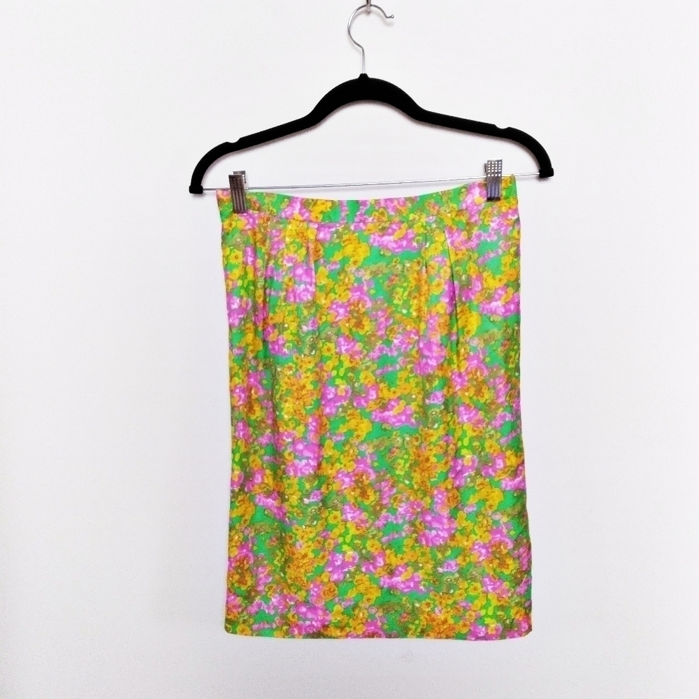 Boden Floral Print Silk Blend Pink Green and Orange Pencil Skirt